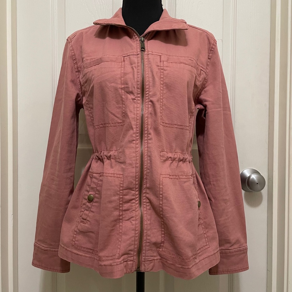 Old Navy Canvas Utility Jacket Pink Mauve Full Zip Drawstring‎ Waist Cinched XS